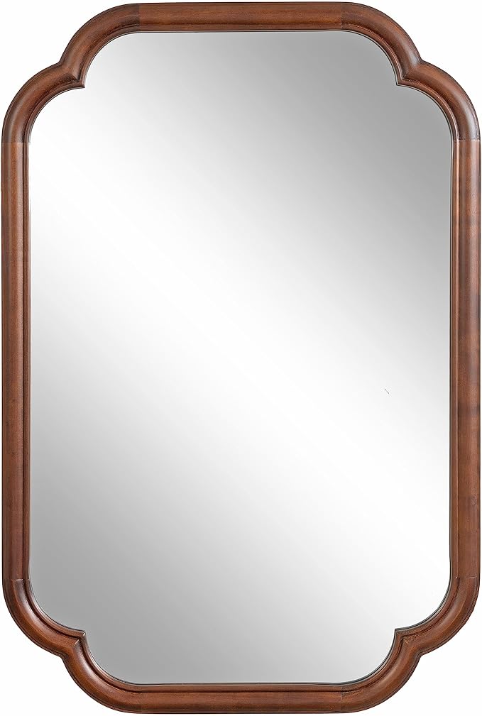 Kate and Laurel Glenby Traditional Scalloped Wall Mirror, 24 x 36, Walnut Brown, Wooden Farmhouse Bathroom Mirror with Rounded and Stepped Frame Profile