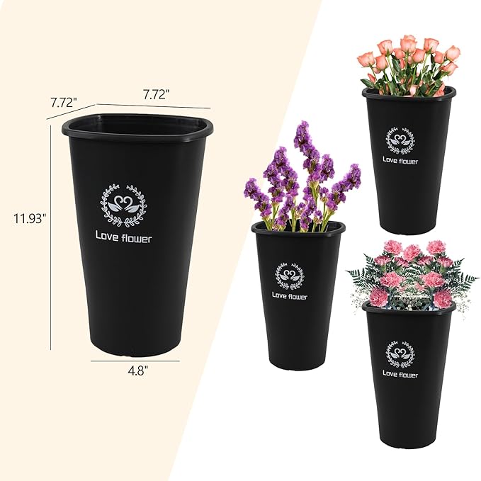 11.93 Inch Black Plastic Flower Buckets, 4 Pack Display Buckets for Home, Hotel, Flower Shop