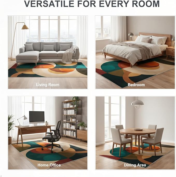 Mid Century Geometric Area Rug 4x6 – Retro Abstract Circle Pattern Rug for Living Room & Bedroom, Low Pile Washable Indoor Rug with Non-Slip Backing