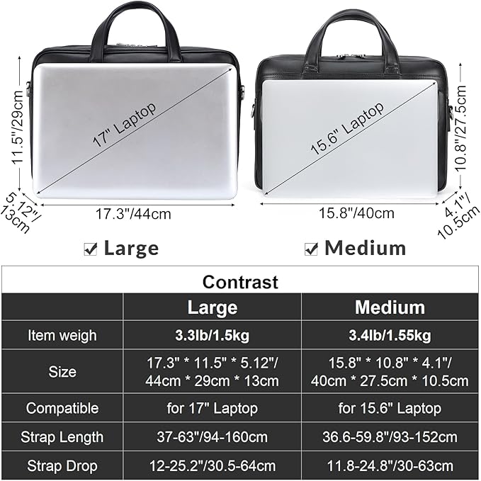 Masa Kawa Leather Briefcase for Men 15.6", 17" Laptop Computer Case Business Travel Work Messenger Cross Body Shoulder Bag