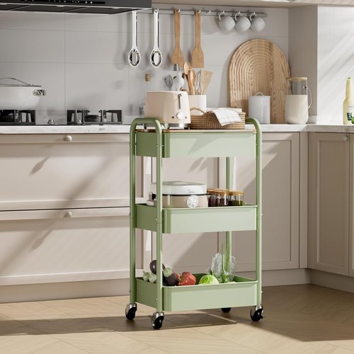 Skiennix 3-Tier Rolling Cart - Sturdy Metal Utility Organizer with Locking Wheels & Hooks | Versatile for Office, Kitchen, Bathroom