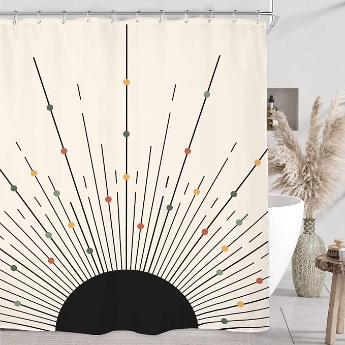 Miyotaa Black Sun Shower Curtain Set 60Wx71H Inches Abstract Minimalist Modern Sunrise Sunset Aesthetic Sunburst Waterproof Bathroom Curtain with 12 Hooks