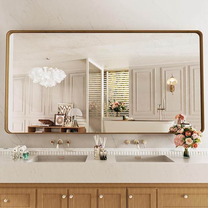 LOAAO 72X32 Inch Bathroom Mirror with Wood Grain Colored Metal Frame, Rounded Rectangle Metal Framed Bathroom Mirror, Anti-Rust, Hangs Horizontally or Vertically, Tempered Glass