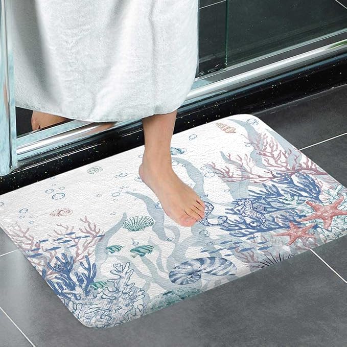 Nautical Coastal Bath Rugs for Bathroom, Ocean Themed Coral Seashell Beach Starfish Seahorse Non Slip Flannel Bathroom Rug, Dry Fast Water Absorbent Bath Mats, 17x29 Inch