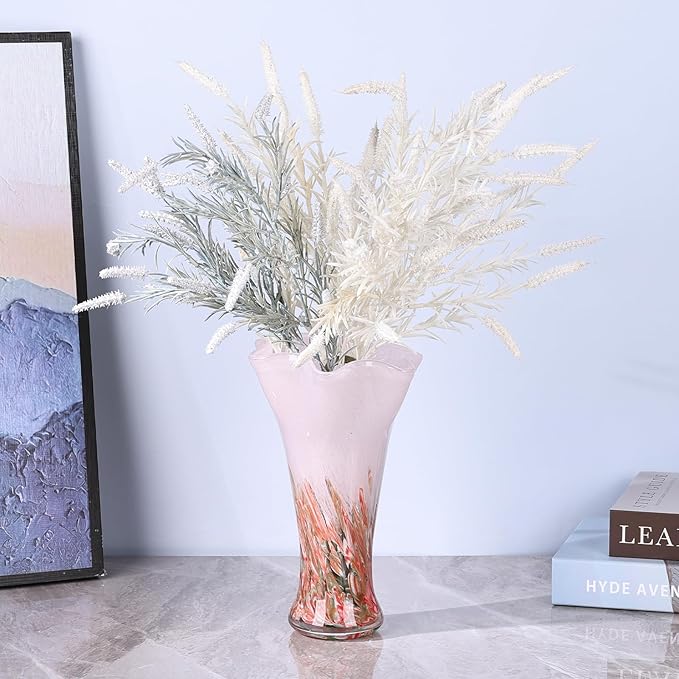 9.0" H Pink Glass Vases for Flowers, Hand Blow Glass Vase Pink Home Decor, Wide Mouth Red Flower Vase Centerpieces, for Bookshelf,Dinner Table,Indoor Office Desktop,Meeting Room,Bathroom,Countertop