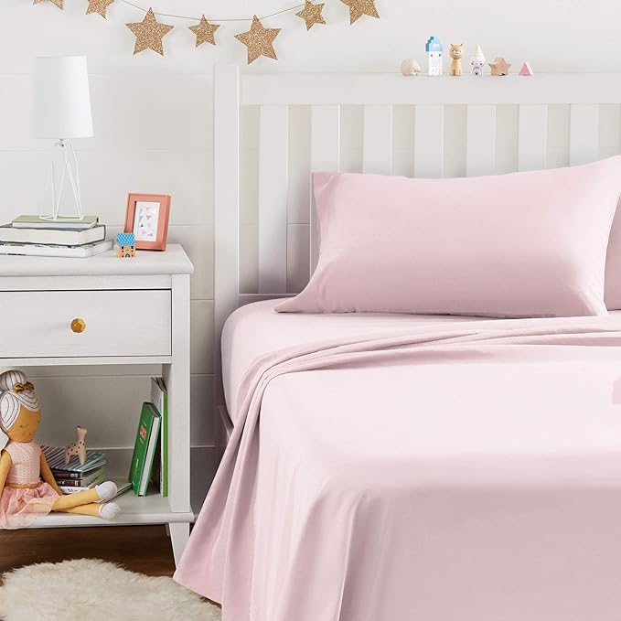 Amazon Basics Kid's Soft Easy-Wash Lightweight Microfiber 3-Piece Sheet Set, Twin, Light Pink, Solid (Pack of 4)