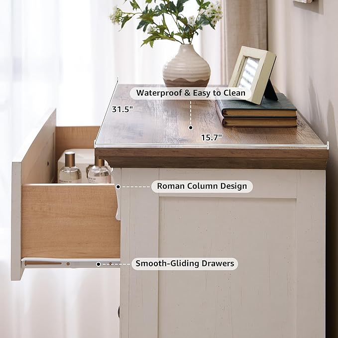 T4TREAM Farmhouse 5 Drawer Dresser for Bedroom, 47" Tall Wood Dresser with Ample Storage Space and Rustic Charm, Antique White