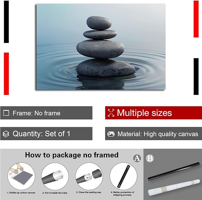 Zen wall art Harmonious grey stones stacked on a calm surface of water Serene Zen decor suitable for tranquil homes and spaces of meditation 12x18in Frameless