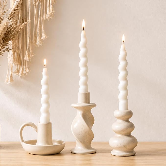Ceramic Taper Candle Holders Set of 3, Cream White Candlestick Holder Nordic Modern Decorative Candle Stand for Home Decor, Dining Table Centerpiece, Housewarming Gift