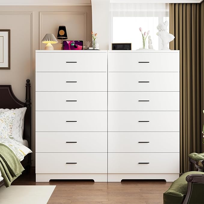 48" Tall Dresser for Bedroom Chest of Drawers with Power Outlets Wood 6 Drawers Dresser with Large Storage Space and Metal Handles Modern Closet Storage Drawer for Living Room Hallway White