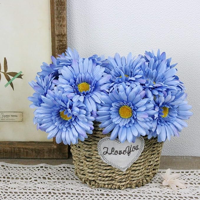 TOPIA Artificial African Daisies Flowers African Daisy Silk Flowers Artificial Gerbera Daisies Pack of 10 (Blue)