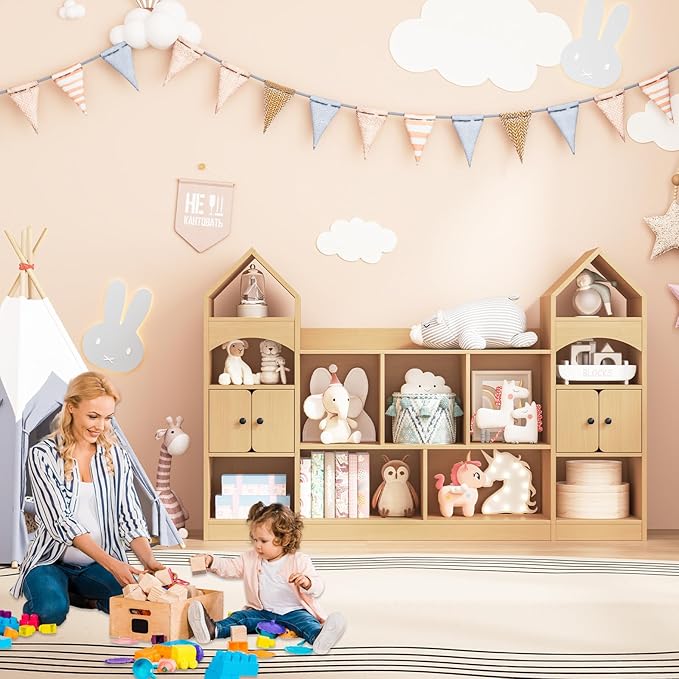 Castle Shape Children's Bookshelf, Kids Bookcase Display Case Kids Toy Storage Organizer Multifunctional Storage Cabinet Bookshelf Suitable for Playroom, Children's Room, Living Room, Oak