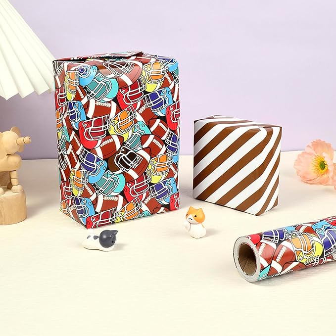 LDGOOAEL Mini Short Birthday Wrapping Paper Roll - Reversible Design (17 inches X 32.8 feet) - Football Patterns for Kids, Boys