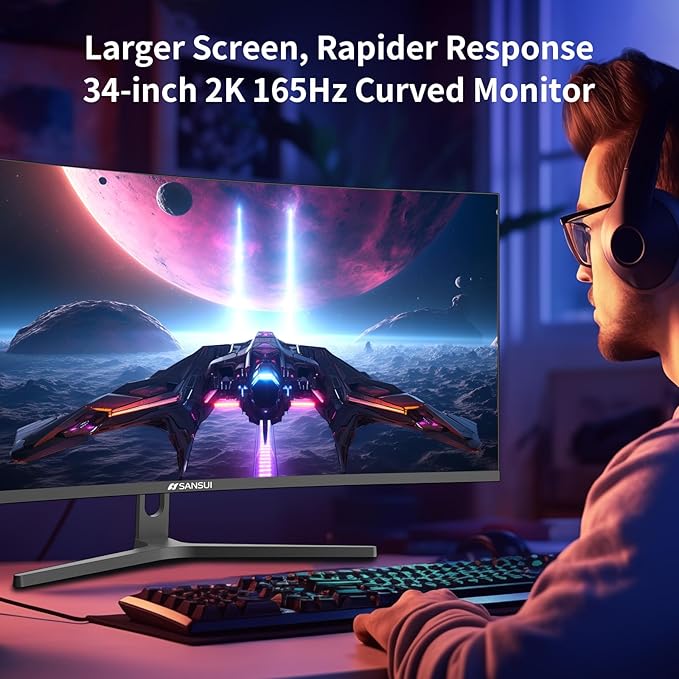 SANSUI 34-Inch Curved Gaming Monitor UWQHD 3440 x 1440 Up to 165Hz Curved 1500R - PIP/PBP, 1ms(MPRT), HDR, 300nits, sRGB 125%, DCI-P3 95%,FreeSync,HDMIx2,DP1.4 x2 (Cable Included)