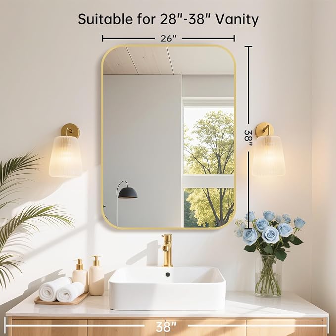 26x38 Inch Gold Bathroom Mirror, Brushed Brass Gold Metal Framed Rectangular Mirror with Rounded Corner, Bathroom Vanity Mirror for Bedroom or Living Room, Horizontal/Vertical
