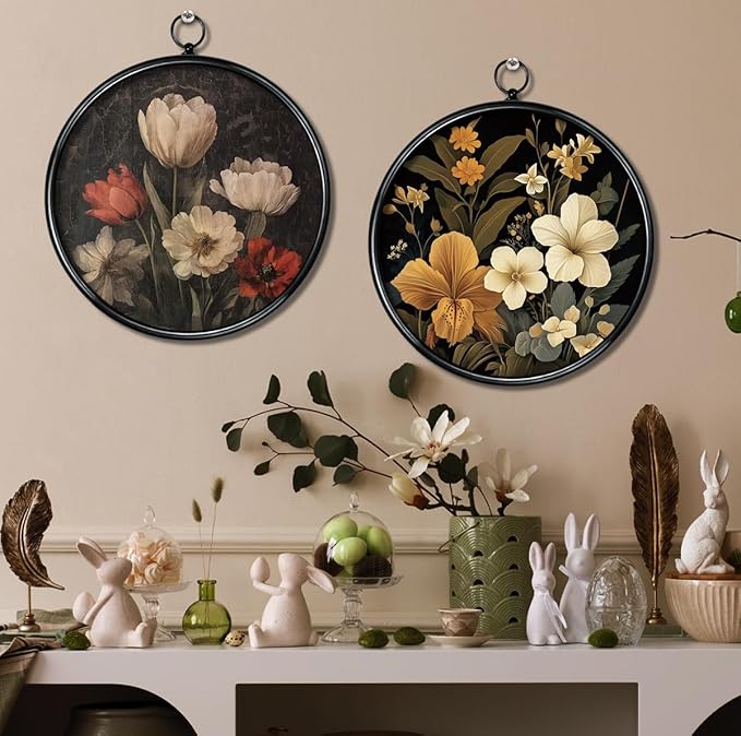 XIAOAIKA Round Vintage Wall Hanging Decor, Printed Textured Surface with Wood Back, Red and White Tulips Design, Black Metal Frame, Ready to Hang for Living Room Bedroom, 10 Inch