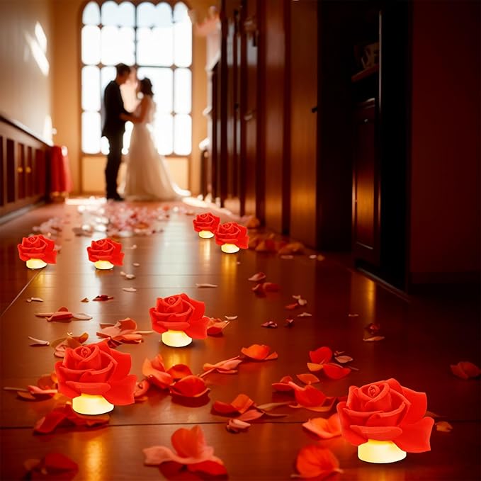 12 Pack Led Candles with Artificial Flowers, 200+Hour Battery Operated Tea Lights Candles for Centerpiece Table, Party, Wedding Anniversary Decorations (Red)
