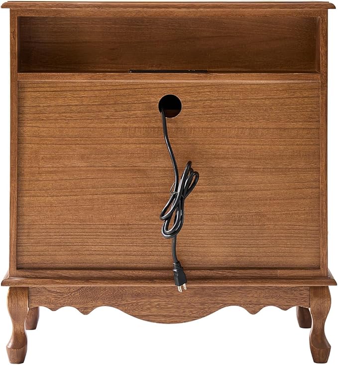 HULALA HOME Transitional Side Table with 3 Drawers and Charging Station, 28" Solid Paulownia Wood Sidetable with Vertical Stripe, Cherry