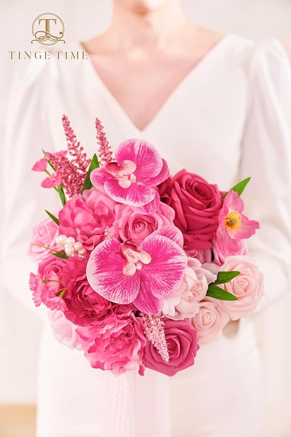 TINGE TIME 9 Inch Artificial Bridal Bouquet, Cascading Wedding Bouquet for Wedding Ceremony and Anniversary (Hot Pink)