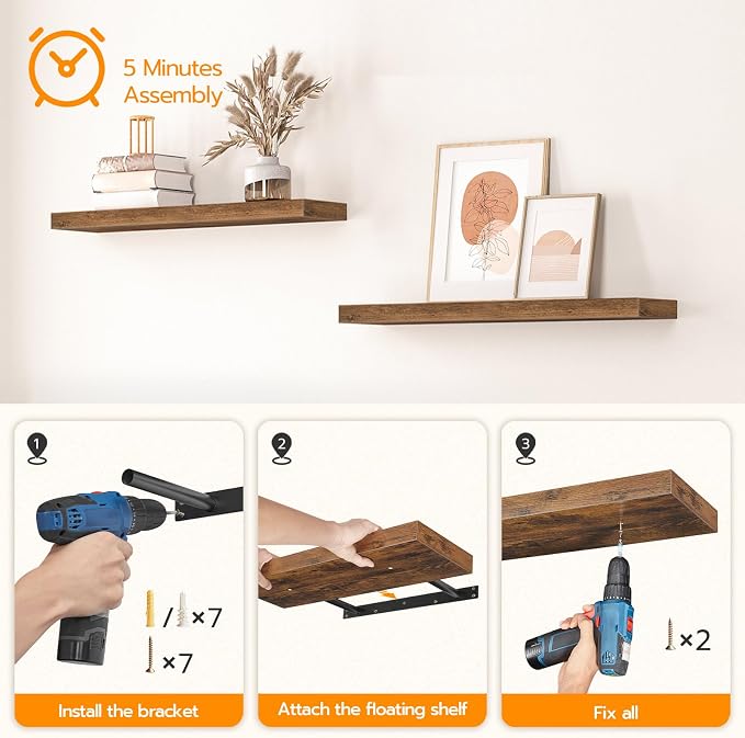 HOOBRO Floating Shelves for Wall, Wall Mounted Shelf Set of 2, 31.5" Hanging Shelf with Invisible Brackets, for Wall Storage in Bathroom Bedroom Kitchen Living Room Office, Rustic Brown BF80BJP201