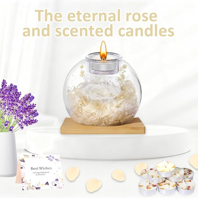DEEMEI Gifts for Women Birthday Gifts for Women Preserved Real Rose in Glass Dome with Scented Fresh Flowers for Delivery Prime Eternal for Her Mom Grandma Wife Girlfriend Daughter, White