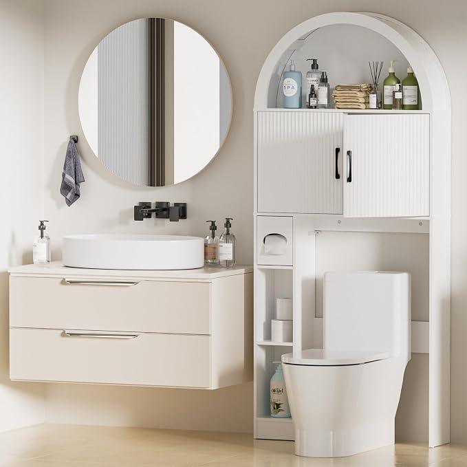 Spurgehom Over The Toilet Storage Cabinet, Bathroom Shelf Organizer Freestanding, Bathroom Arch Cabinet Over Toilet with Toilet Paper Holder and Anti-Tipping Device, White