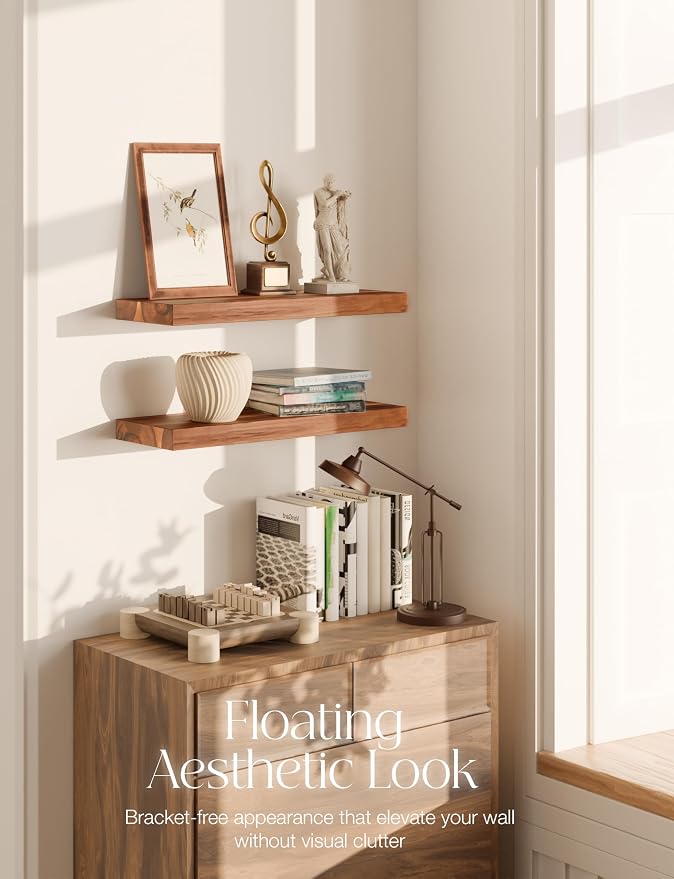 BATODA Set of 2 17" Acacia Wood Floating Shelves Wall Mounted – Rustic Farmhouse Wooden Wall Storage Shelf for Bedroom, Kitchen, Home Décor - Brackets and Shelving Mounting Hardware Included