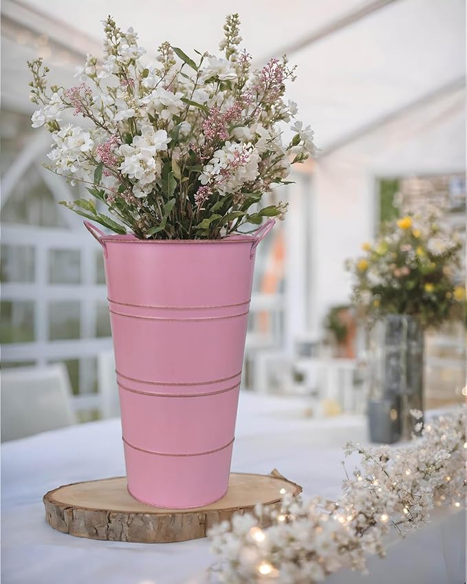 12 Inch Galvanized Metal Vases for Flowers - 2 Pcs Farmhouse Decorative Tall Flower Bucket with Handles, Rustic French Tin Planter Buckets for Wedding Decor (Pink)