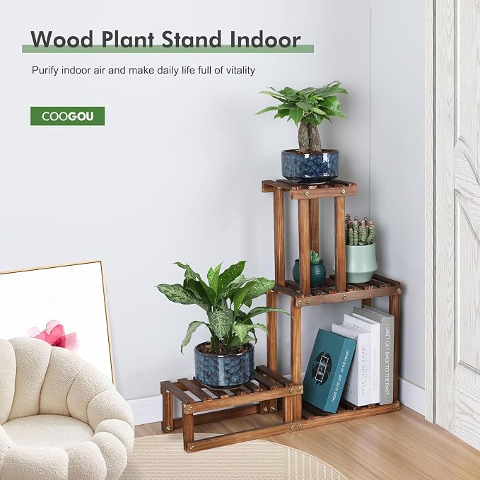 Wood Plant Stand Indoor Outdoor 4 Tiers Plant Rack Corner Planter Shelf Flower Pot Holder for Living Room Garden Patio Yard Porch (Space Saving,27.6”,Small)