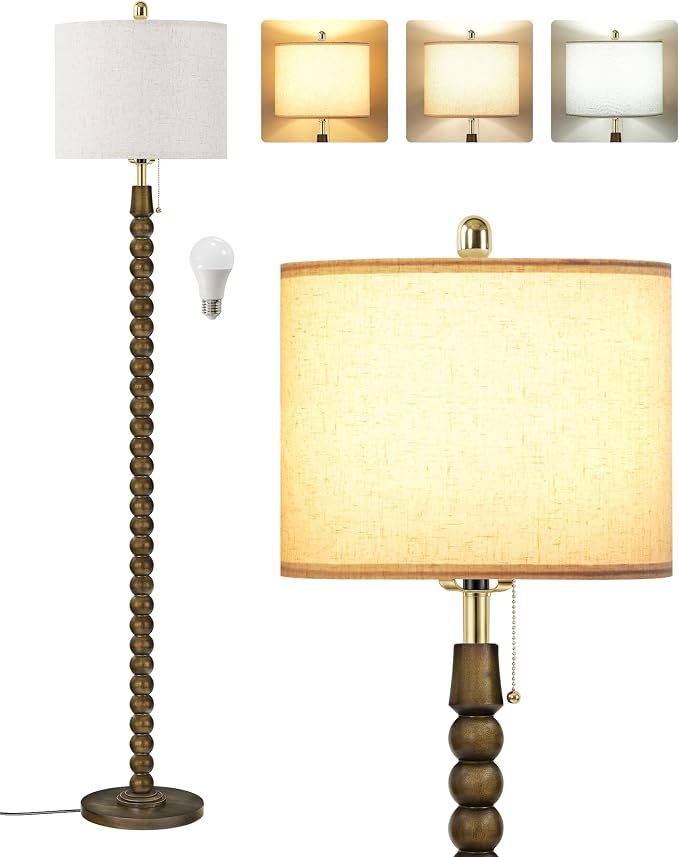 65" Oak Wood Floor Lamps for Living Room with Pull Chain Switch, Adjustable Color Temperatures, Vintage Farmhouse Floor Lamp, Tall Standing Lamp for Bedroom, Entryway, Rustic Brown FE28LD05