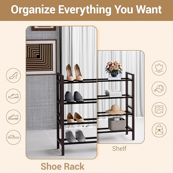 Haddockway Bamboo Shoe Rack for Closet, Free Standing Shoe Organizer with Smooth Round Rods & Convenient Handles, Stackable Shoe Storage Shelf for Entryway, Hallway(Brown, 4-Tier(Small))