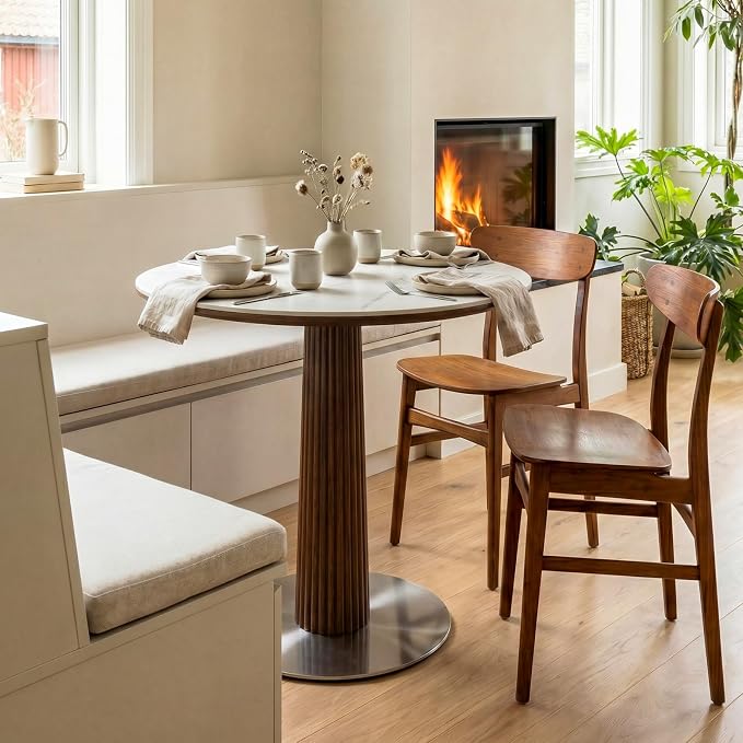 Round Dining Table, 31.5" Solid Wood Dinner Table with Thickened Top & Steel Pedestal, Mid Century Modern Bistro Table for Kitchen, Small Space, Living Room, Cafe, White & Walnut -Style C