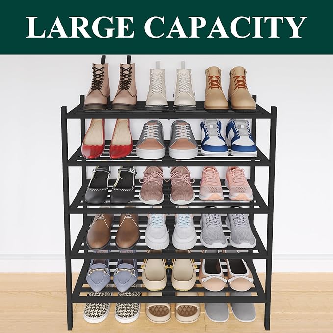 Smiry Bamboo Shoe Rack 5-Tier, Stackable Wooden Shoe Organizer for Entryway & Closet, Free Standing Wood Shoe Storage Shelf for Front Door & Small Spaces, Black
