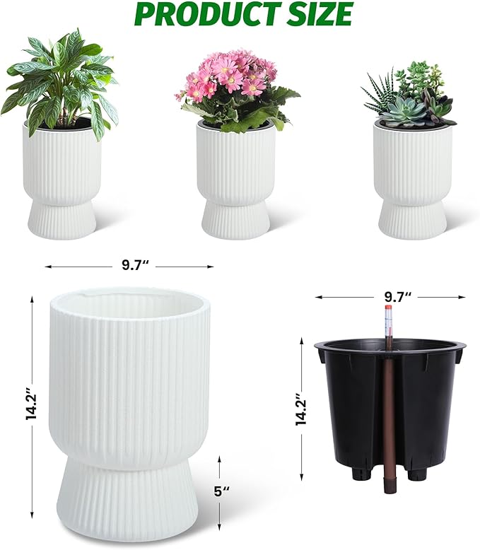 14.2" Tall Planters Set of 2, Plant Pots, Self Watering Pots for Indoor Plants, Flower Pots with Built-in Drainage and a Water Level Monitor, for Patio, Porch, Living Room, or Office, White