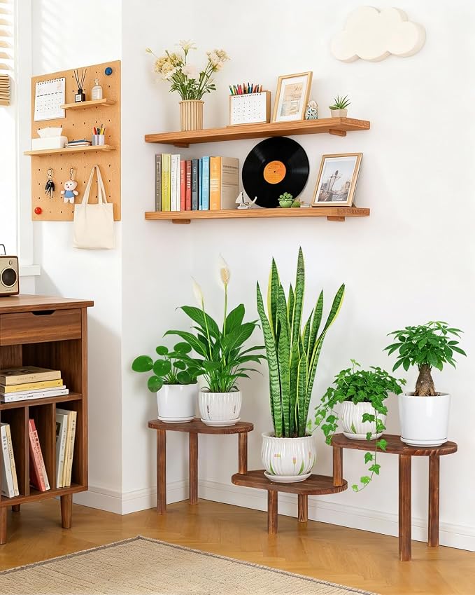 Concave Wooden Plant Shelf Indoor, 3 Tiers Deformable Oval Plant Stand, Heavy Duty Long Flower Pot Stand for Multiple Plants, Low Plant Holder for Patio Balcony Living Room Office