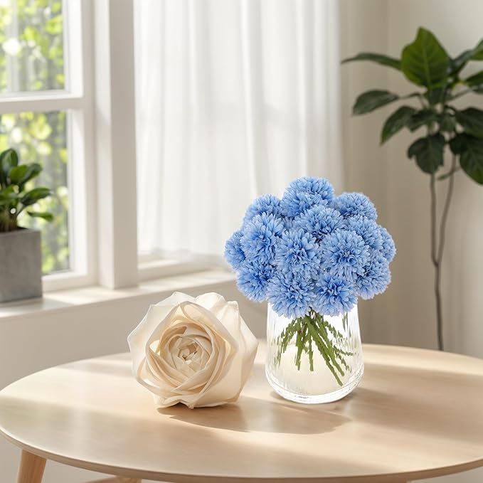 Kimura's Cabin 20Pcs Blue Fake Flowers Chrysanthemum Artificial Silk Ball Flower Faux Mums Flowers for Wedding Arrangements Bouquets Home Table Core DIY Decoration (Blue)