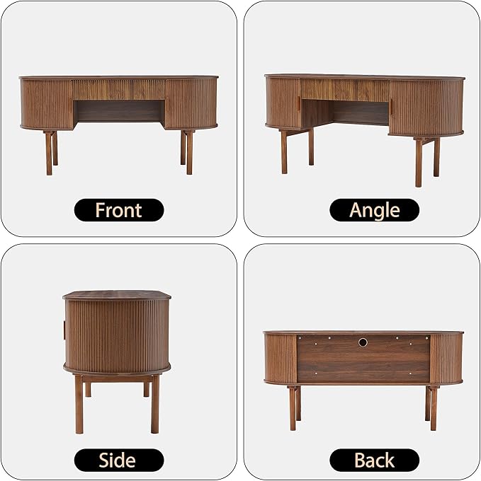 Executive Office Desk with Storage, 63 Inch Large Computer Workstation Desk with Drawer and File Cabinets, Mid Century Modern Fluted Wood Writing Desk for Home Office, Study Room, Living Room, Walnut