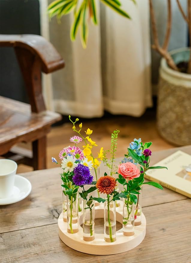 Melphoe Glass Bud Vases Small Flower Vase for Centerpieces Wedding Table Decorations, Home Decor, Propagation Station Plant Terrarium with Wooden Stand, Unique Plant Lover Gifts for Women (Beige)