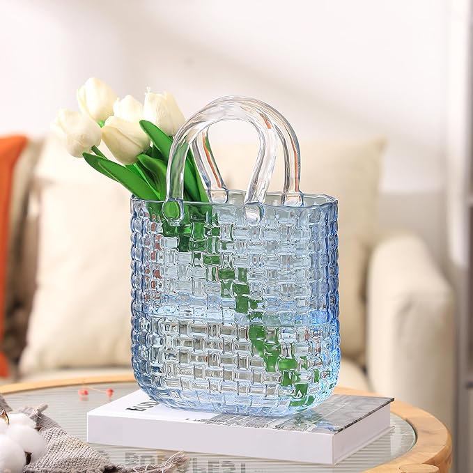 Glass Purse Vase for Flowers, Large Purse Flower Vase, Black Glass Bag Vases, 10 Inch Handbag Shaped Vases for Home, Living Room, Bedroom, Office Decor