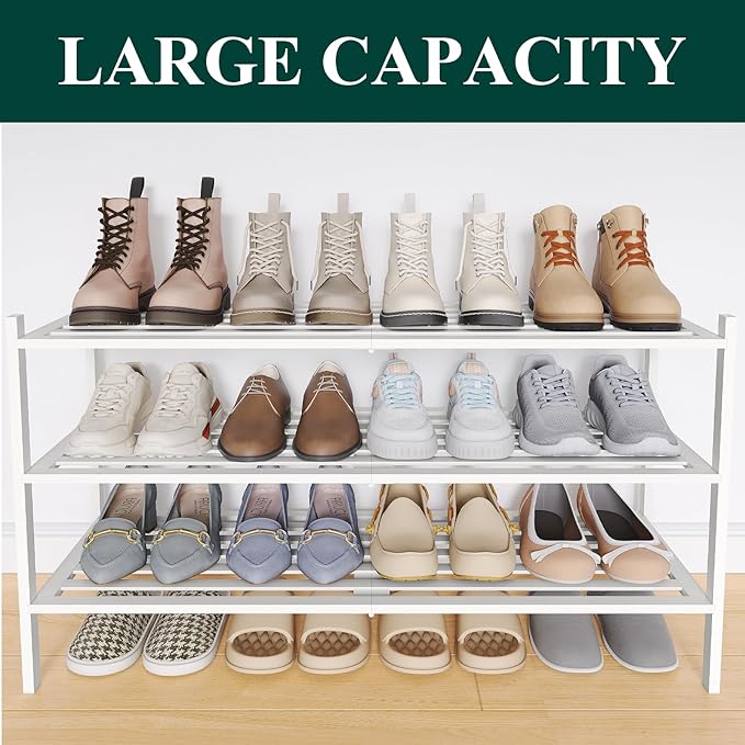 Smiry Long Bamboo Shoe Rack 3-Tier, Stackable Wooden Shoe Organizer for Entryway & Closet, Free Standing Wood Shoe Storage Shelf for Front Door & Small Spaces, White