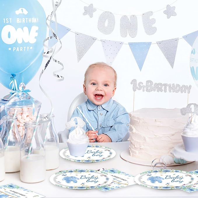 Blue Baby Shower Decorations Blue and White Paper Plates and Napkins Set Party Supplies for Gender Reveal Table Decor 40Pcs Baby Boy Shower Decorations