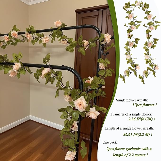 2PCS Artificial Flower,86.6 Inch Fake Rose Vine Hanging Floral Garland,Light Pink Artificial Silk Floral Hanging Ivy for Table Centerpiece Decor,Wedding Arch Ceremony,Outdoor Wall Decor