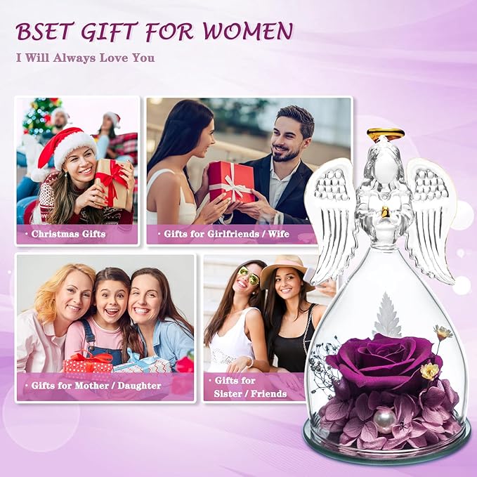 Christmas Women Gifts for Mom Birthday Gifts for Mom,Angel Birthday Gifts for Women Preserved Flower Rose in Glass Angel Figurines with Necklace, Purple Flower Gifts for Grandma Mother Sister Wife Her
