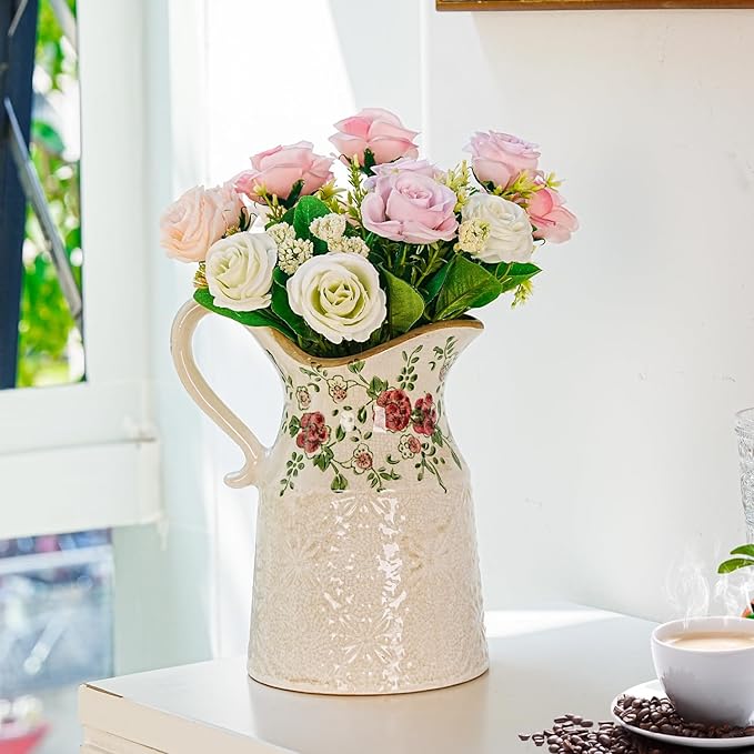 Sungmor Embossed Ceramic Pitcher Vase, Decorative Beige Farmhouse Ceramic Pitcher for Flowers, Vintage Textured Vase for Table, Kitchen & Home Decor, 9.2 Inch with Ice Crackle Glaze Finish