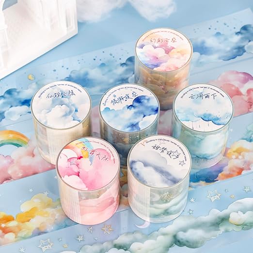 AuriicLeaf Dreamy Cloudscape PET Tape Set, 6 Rolls of Sky-Themed Stickers for Scrapbooking, Junk Journaling, DIY Crafts, and Art Supplies
