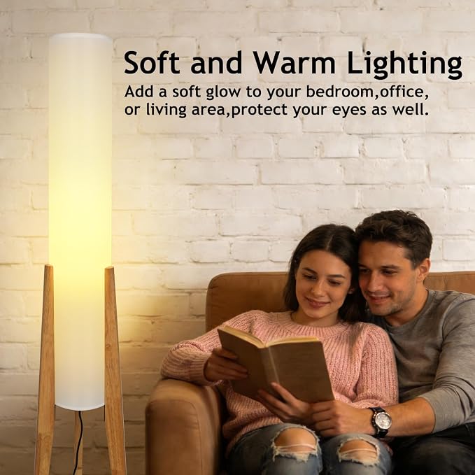 Wabi-sabi 50" Wooden Tripod Floor Lamp Linen Floor Lamp Paper Lantern Inspired Fabric Standing Lamp With E26 3-Color Temperatures Solid Wood Tall Light For Living Room Bedroom (Includes Bulb)