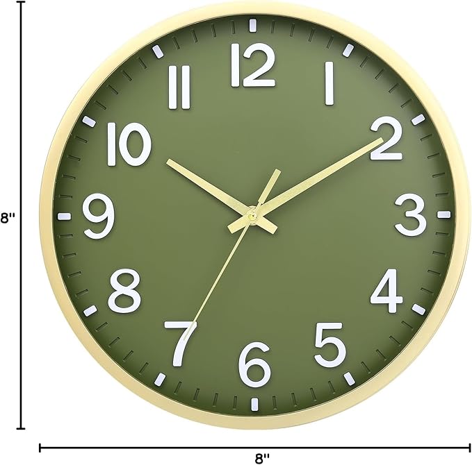 Wall Clocks Battery Operated 8 inch Modern Wall Clock,Silent Non Ticking Wall Clock for Living Room Bedroom Kitchen Office Classroom Decor (Green Gold)