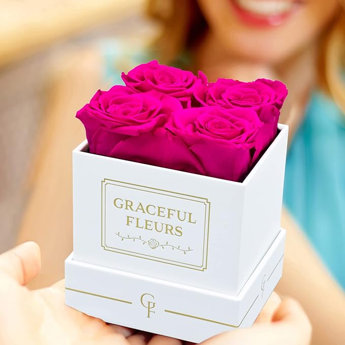 Graceful Fleurs | Real Long Lasting Roses for Years | Preserved Fresh Flowers for Delivery Birthday | Birthday Gifts for Women | Forever Roses in a Box (Radiant Pink, White Box, 4 Roses)