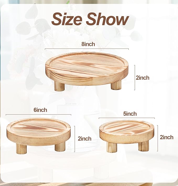 3 Pcs Wood Plant Stand Indoor Outdoor, Wooden Stool Display Stand 5/6/8" Round Riser Flower Pot Holder with Raised Edge Small Planter Tray Modern Potter Decorative for Garden Desktop Home Table Counter Room (Natural)
