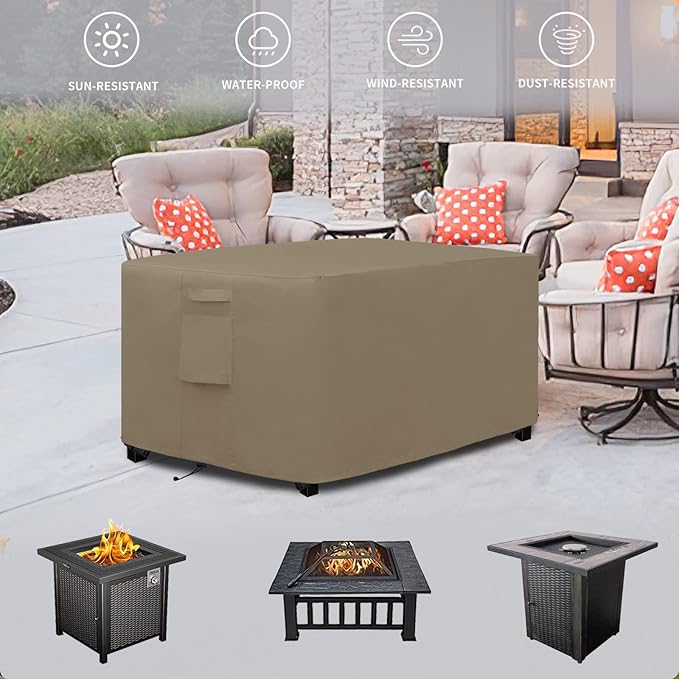 Easy-Going Outdoor Fire Pit Cover Rectangle 44" Lx32 Wx24 H, Durable Outdoor Gas Firepit Cover, Waterproof and Weatherproof Cover for Fire Pit, Camel